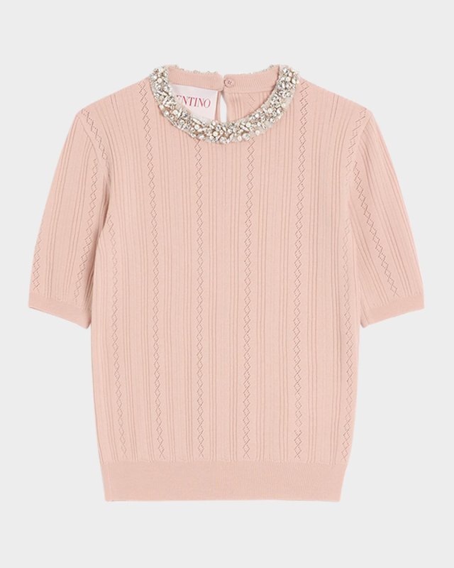 Crystal Collar Pointelle Knit Short-Sleeve Sweater
